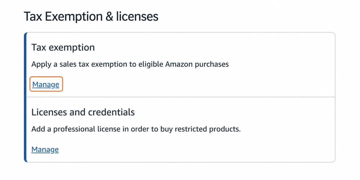 Amazon Business Settings — Manage link on the Tax Exemption & licenses screen