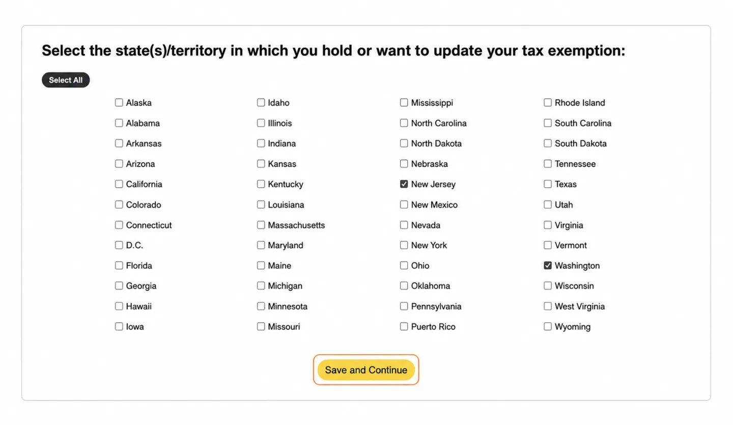 State selection screen with New Jersey and Washington checked