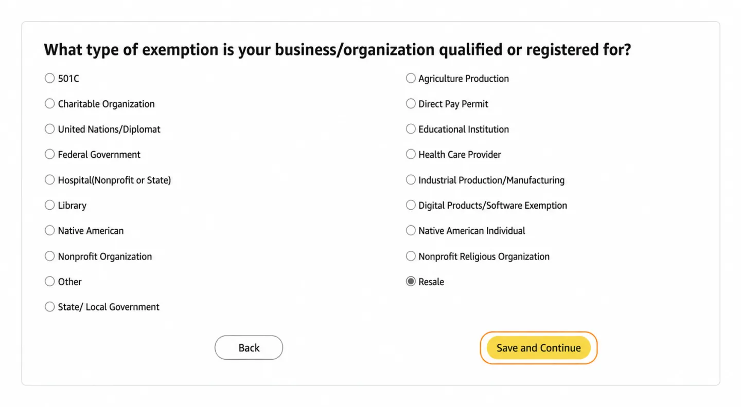 Exemption type screen with Resale selected