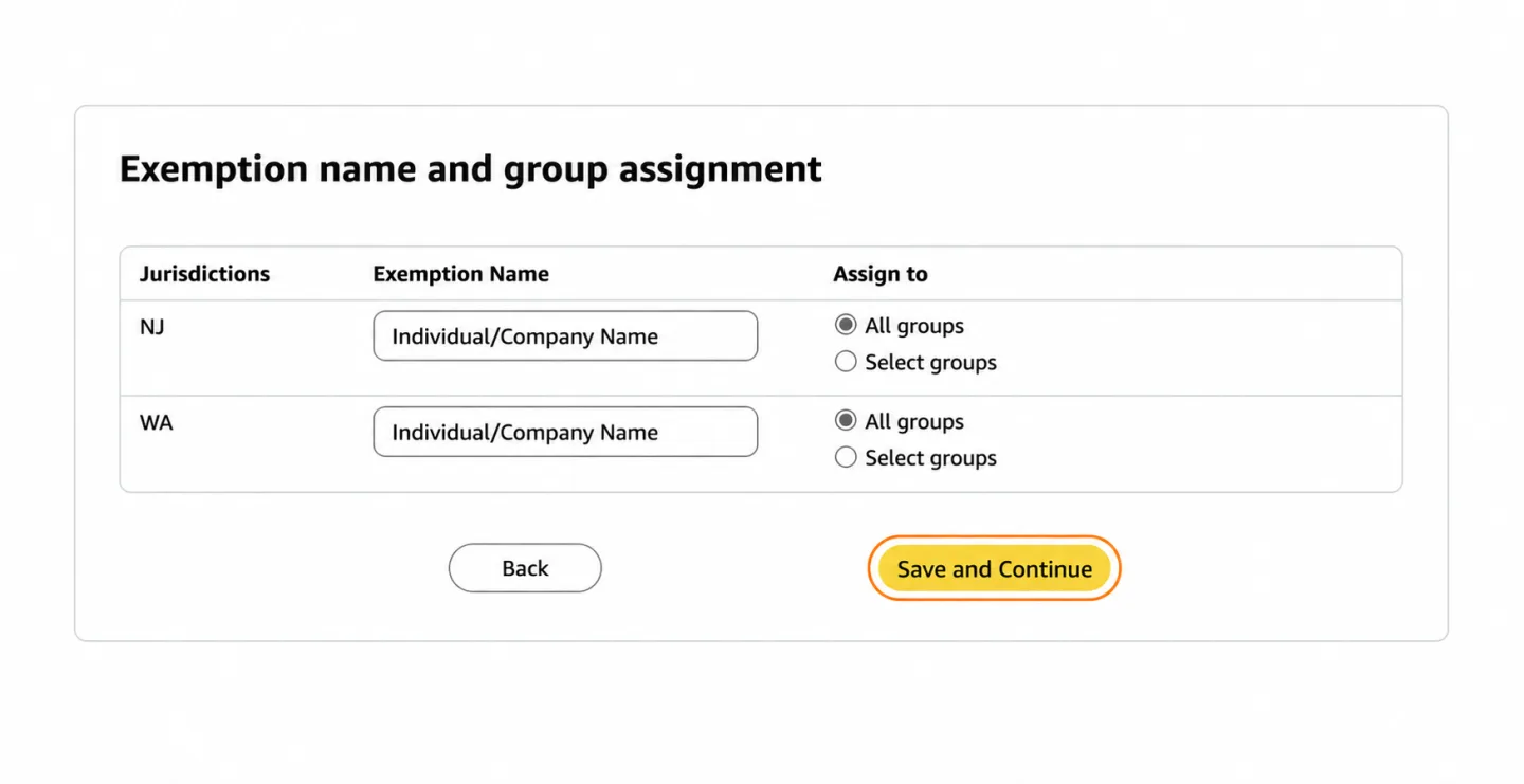 Exemption name and group assignment screen with NJ and WA rows