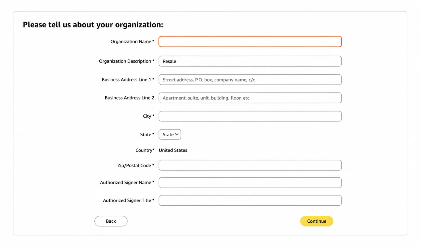 Organization details form with name, address and authorized signer fields