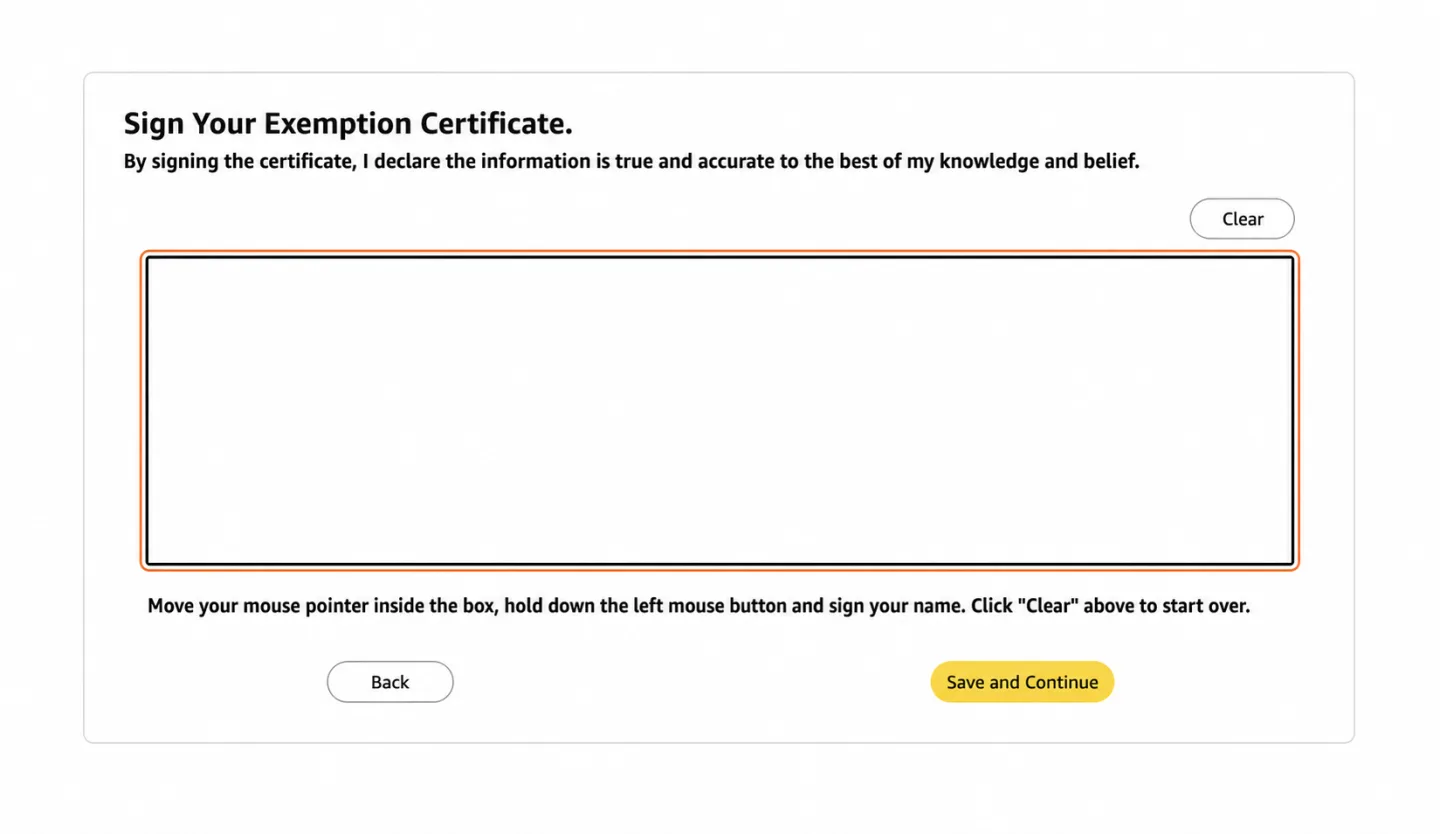 Signature box on the Sign Your Exemption Certificate screen