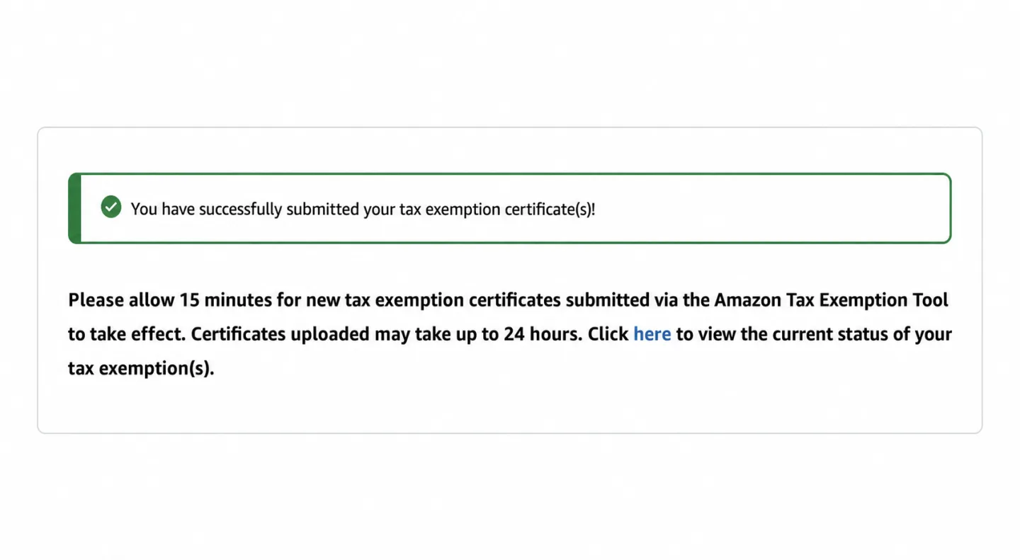 Success message confirming the tax exemption certificate was submitted